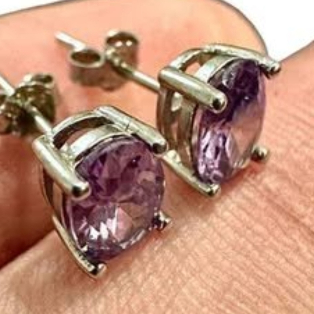 Amethyst Oval Earrings Studs, 7x4MM Stud Earrings for Women Sterling Silver 925